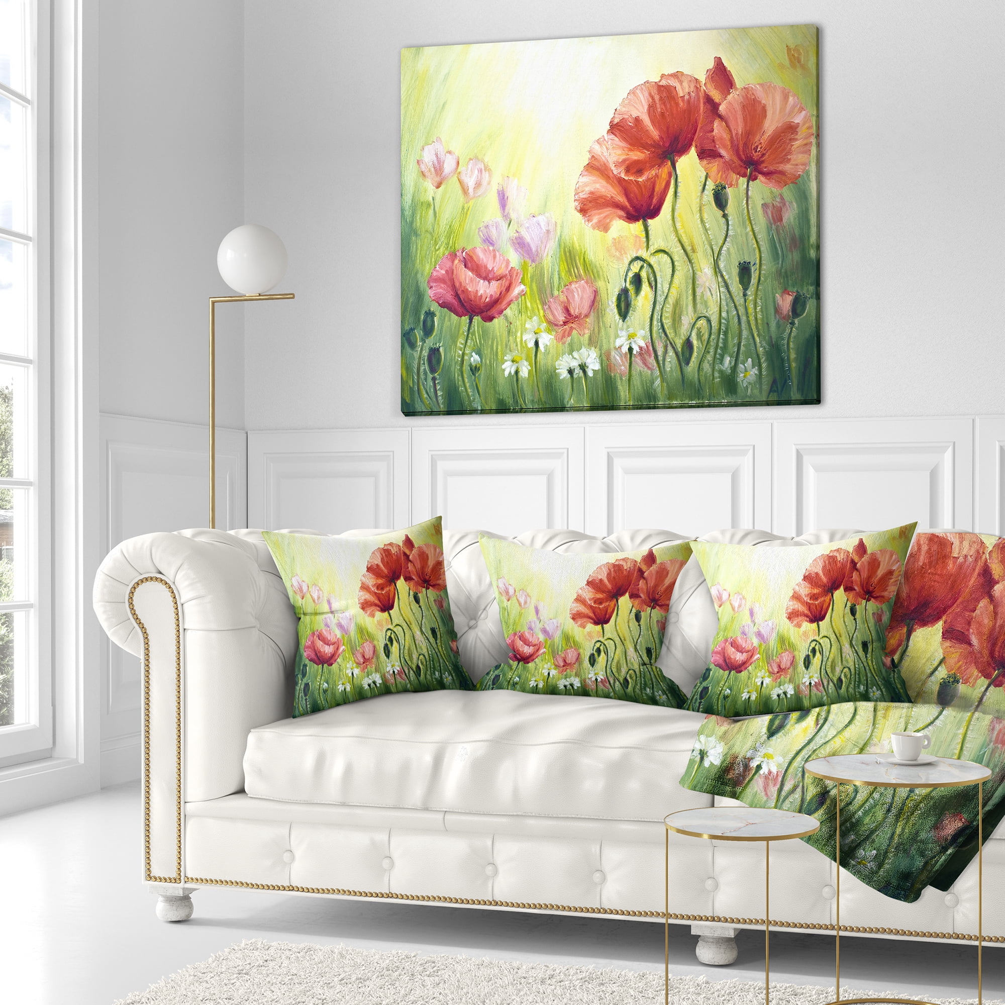 Designart Poppies in Morning - Floral Throw Pillow - 16x16