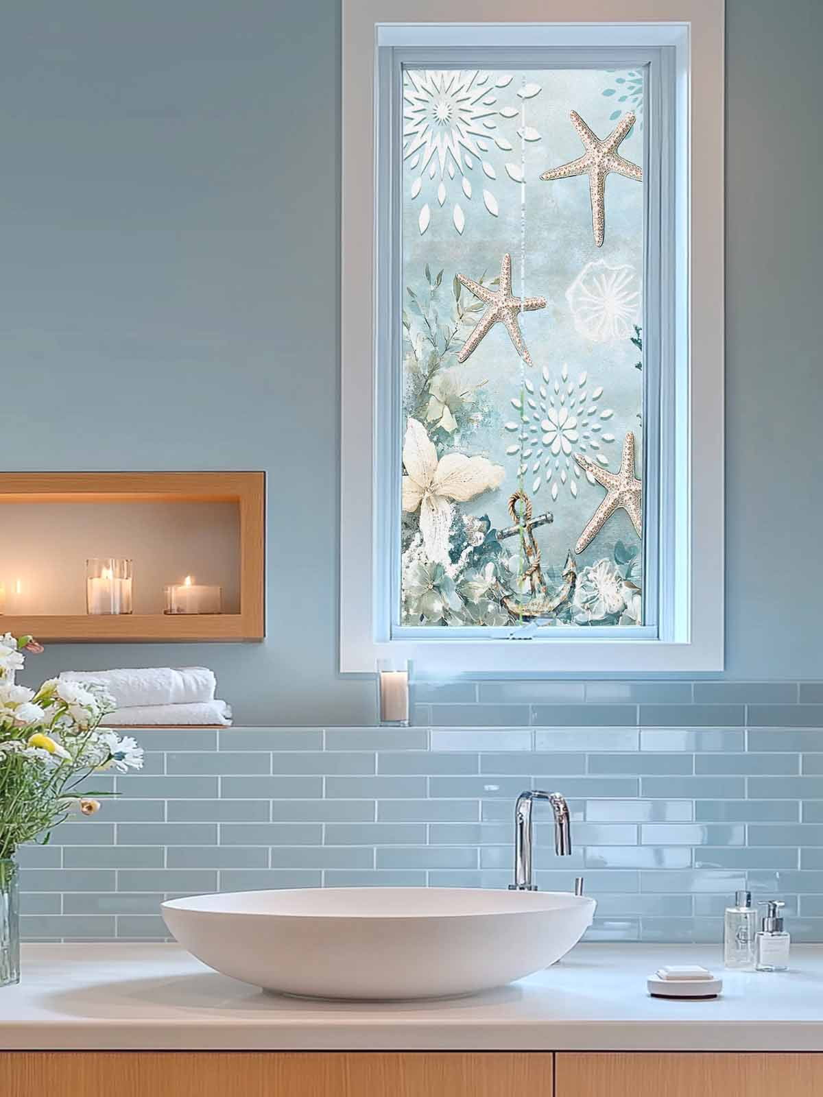 Teal Ocean Coastal Privacy Window Film, Decorative Frosted Glass Window Film, Summer Beach Nautical Coral Starfish Reusable Peel and Stick Static Cling for Home Bathroom Office Glass Door 23.6"x59"