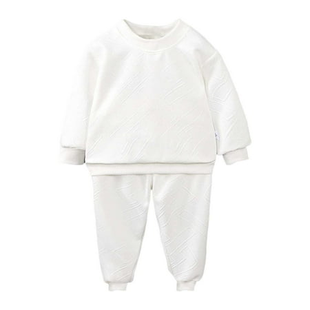AWZXDE Boys Hoodie Set Fall Winter Two Piece Sweatshirt and Pants Kids Casual Outfit Full Body Base Layer for Small Boys White 140