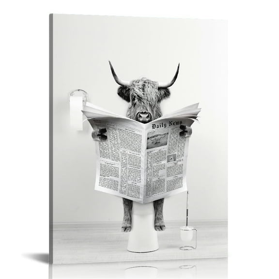 Whimsical Highland Cow Reading Newspaper in Toilet Canvas Print - Framed Country Cow Wall Art for Living Room, Bedroom, Bathroom Decor, Indoor Artwork|Playful Design Cow Decor