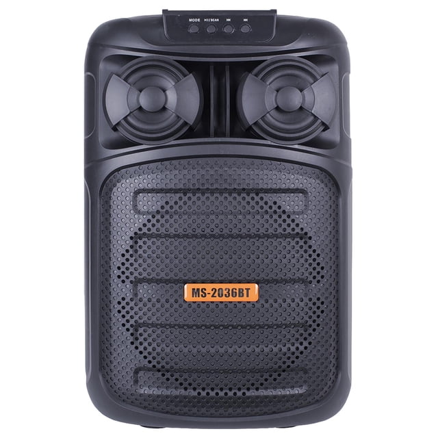 bocina bluetooth ms-2036bt radio fm usb open box Bocina Bluetooth negra, vista frontal con doble altavoz superior, rejilla perforada y etiqueta MS-2036BT; panel superior con botones de modo, batería recargable, conectividad Bluetooth, entrada USB y ranura TF, potencia 25W, adecuada para reuniones y uso portátil, a menudo usada también para amplificar música en eventos pequeños.