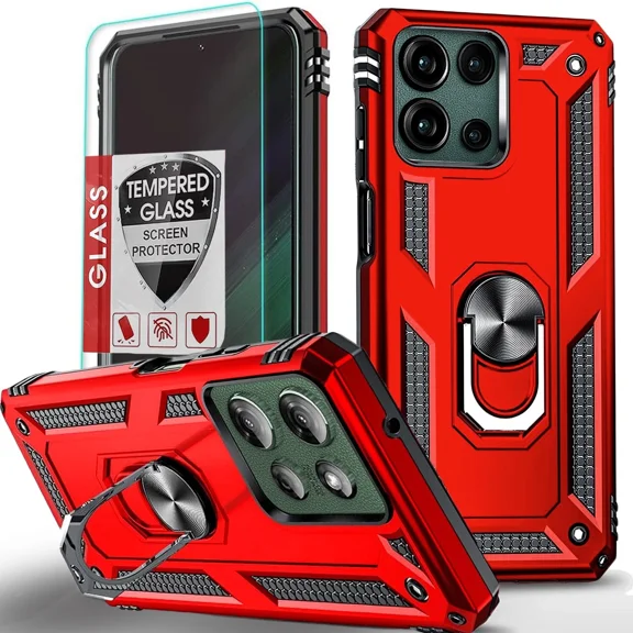 Starshop Motorola G 2025 Case Phone Cover Shockproof Ring Stand Case With Glass Screen - Red
