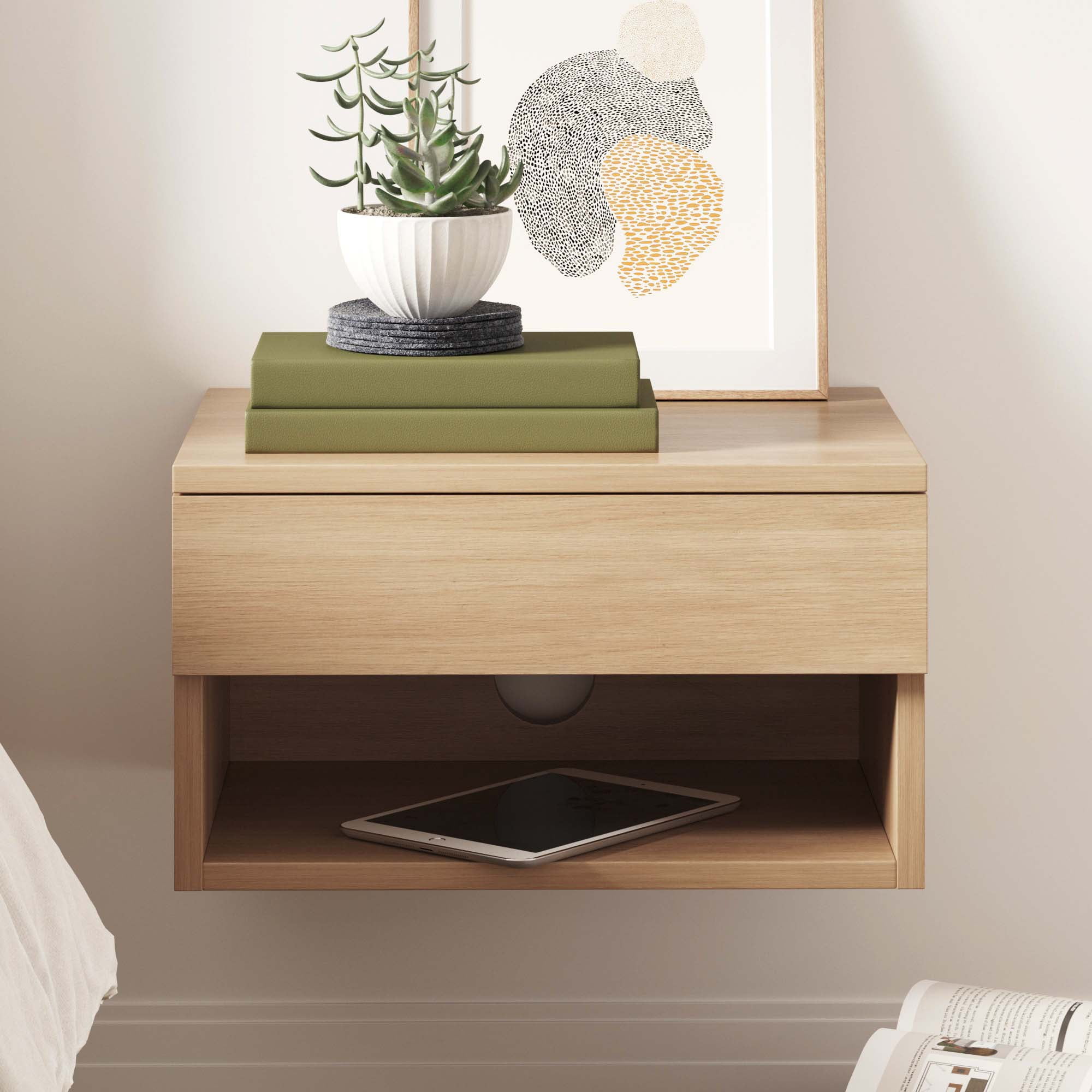 Jackson Light Wood Modern Floating Bedroom Nightstand with Storage Drawer and Open Shelf Cubby