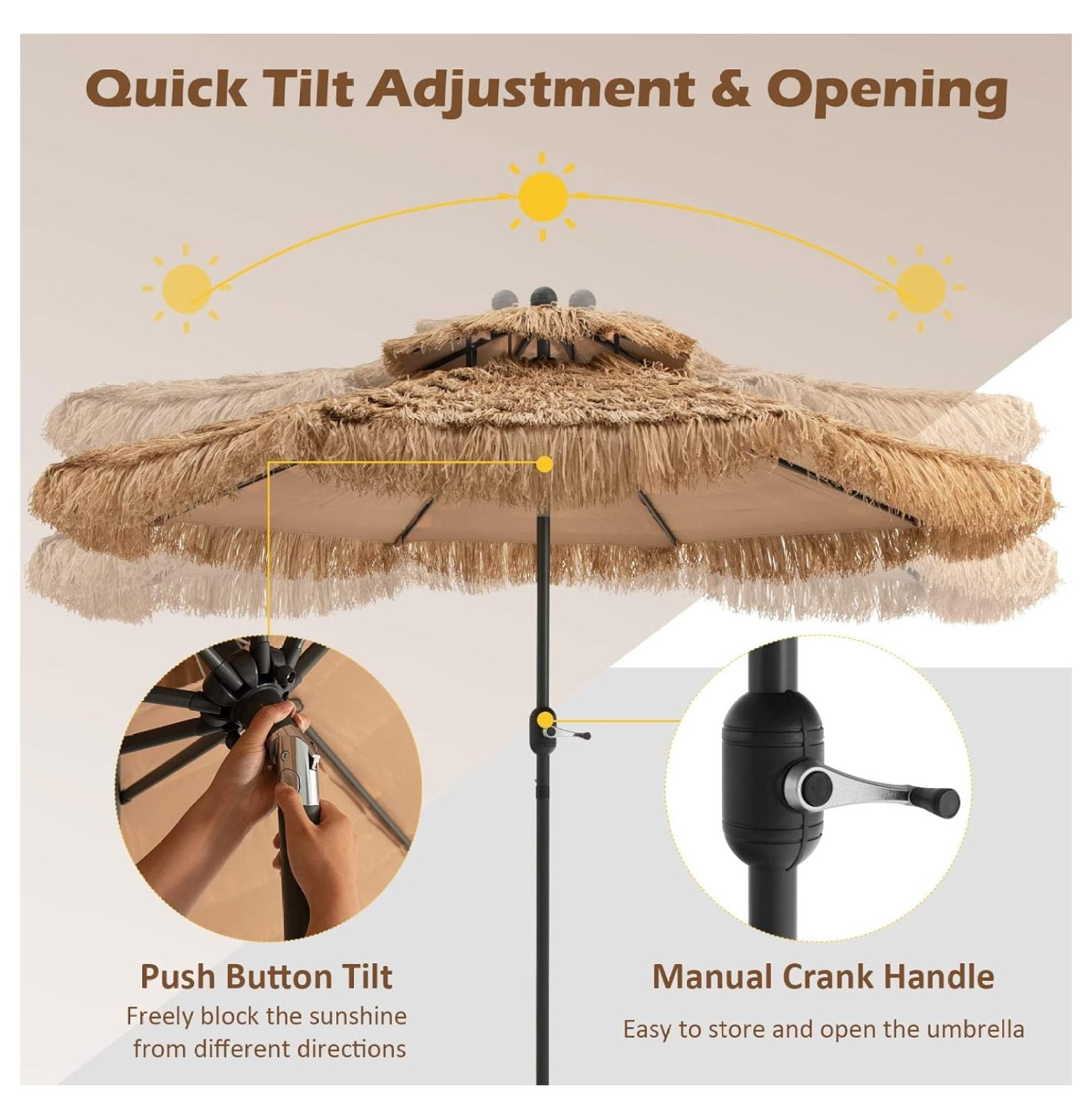 9FT Thatched Tiki Patio Umbrella - 2-Tier Hawaiian Hula Style Beach Umbrella w/8 Ribs, Tilt Adjustment & Crank Lift, Straw Grass Pool Umbrellas, Tropical Palapa Tiki Umbrella Outdoor Patio