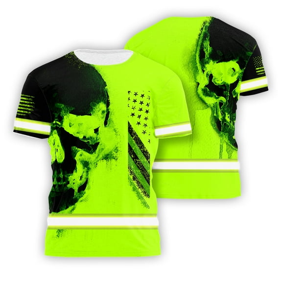 HiVis Custom High Visibility Shirt For Men Hi Vis Shirt Reflective Tapes Skull Green USA Flag Hi Viz Shirt for Work & Construction Safety Workwear For Workers, Cyclists, Patriotic-S