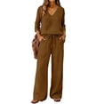 thumbnail image 2 of Lekode Womens Linen Set Roll-up Sleeve Top Boho Matching Wide Leg Lounge Pants Simple 2 Piece Set Linen Loungewear Sets Cotton Linen Lounge Set Summer Vacation Clothes Fashion Outfits Brown 5xl, 2 of 7