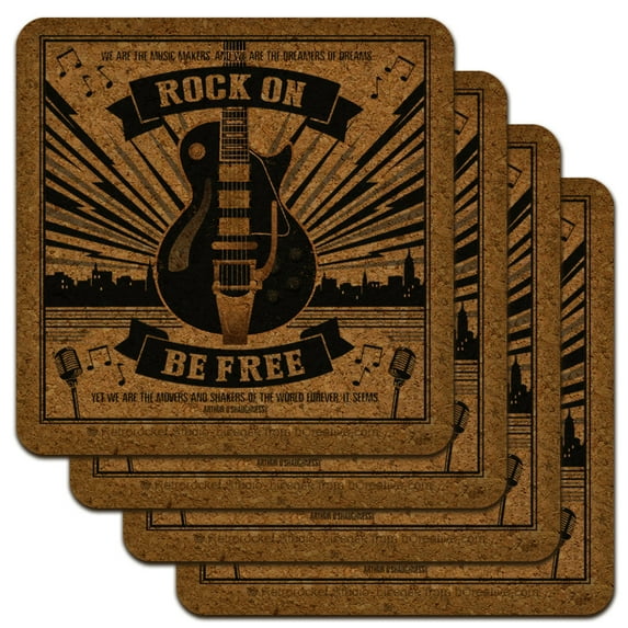Guitar Rock On Be Free Low Profile Novelty Cork Coaster Set