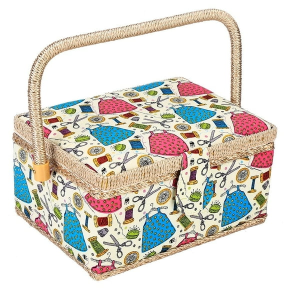 Sewing Basket, 3Colors Craft Sewing Tool Needle Thread Basket Fabric Household Storage Box with Removable Tray Builtin Pin Cushion and Interior Pocket Green