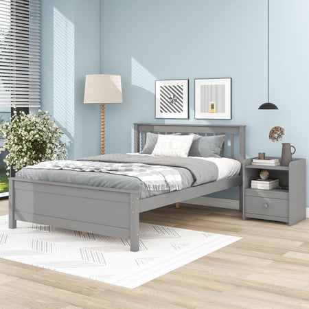 HQIT 2 Pieces Full Bedroom Furniture Sets for Kids Teens Adults  Full Size Platform Bed with a Nightstand  Solid Wood Platform Bed Frame with Headboard and Footboard  Gray