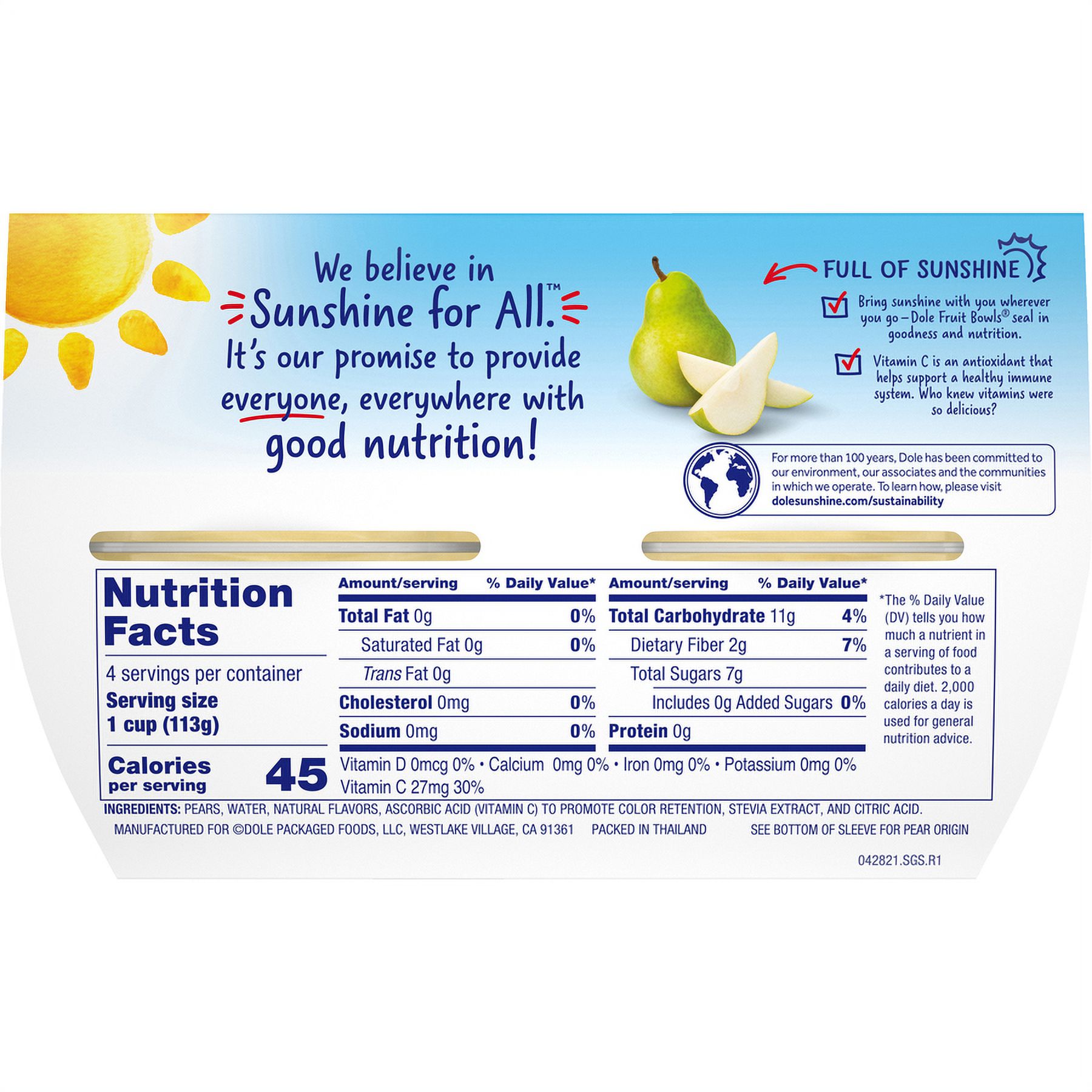 (4 Pack) Dole No Sugar Added Diced Pears, 4 oz