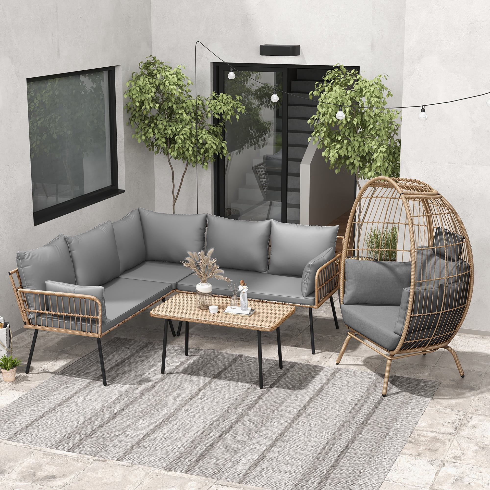Uforic Patio Conversation Sets,Outdoor Furniture Sofa Set - Club Lounge Chairs Egg Chair,L-Shaped Patio Sofa and Wicker Table & Cushions - Gray