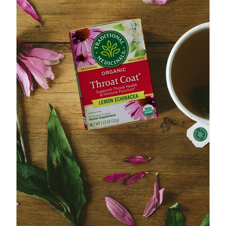 Traditional Medicinal Throat Coat Lemon Echinacea, Organic Tea Bags, 16 Count
