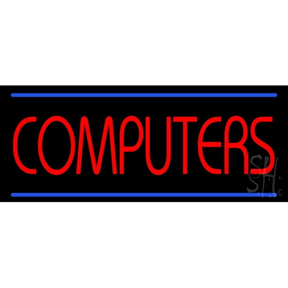 Red Computers Blue Lines LED Neon Sign 10 x 24 - inches, Clear Edge Cut Acrylic Backing, with Dimmer - Bright and Premium built indoor LED Neon Sign for Computer & Electronics store decor.
