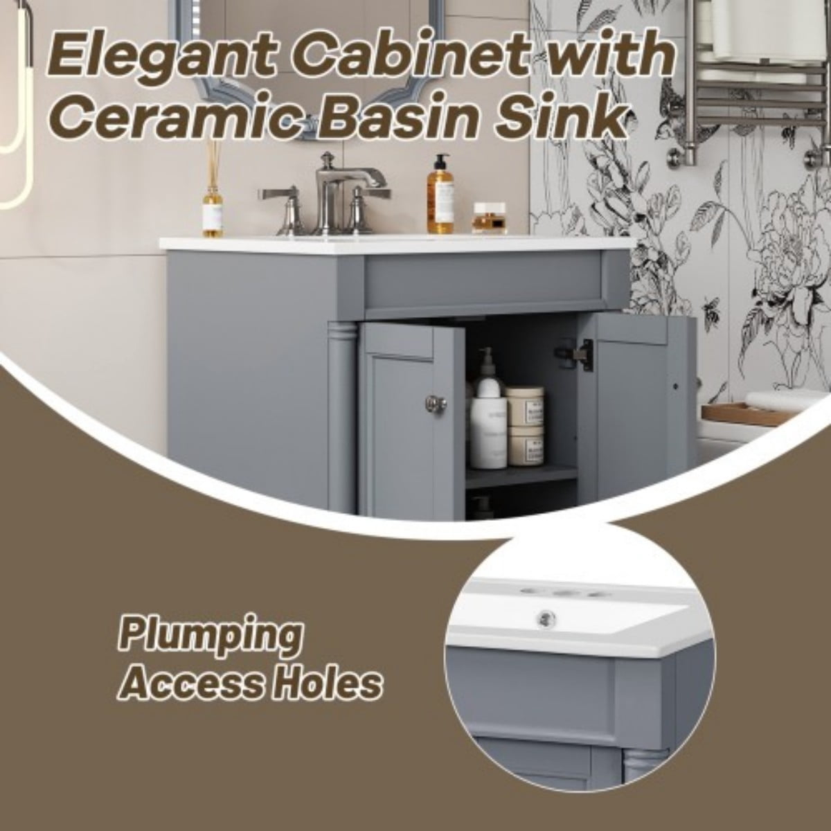 24" Bathroom Vanity with Sink, Modern Bathroom Vanity Cabinet with Ceramic Top Sink, Freestanding Storage Cabinet with 2 Doors, Solid Wood Frame, Grey