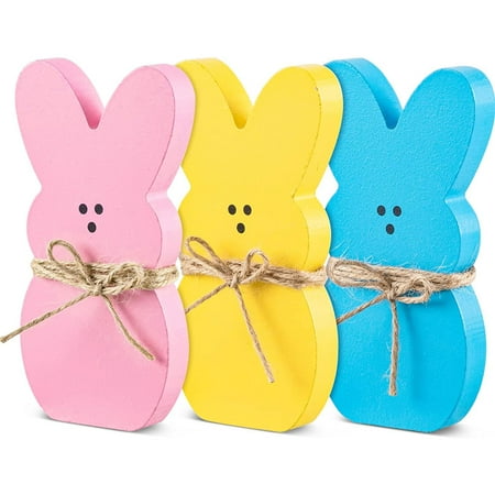 3 Pcs Freestanding Wooden Easter Bunny Decorations - Pink Blue Yellow Reversible Rabbit Shape Signs Tabletop Centerpieces with Jute Rope Cutouts Bunny for Spring Birthday Home Farmhouse Party