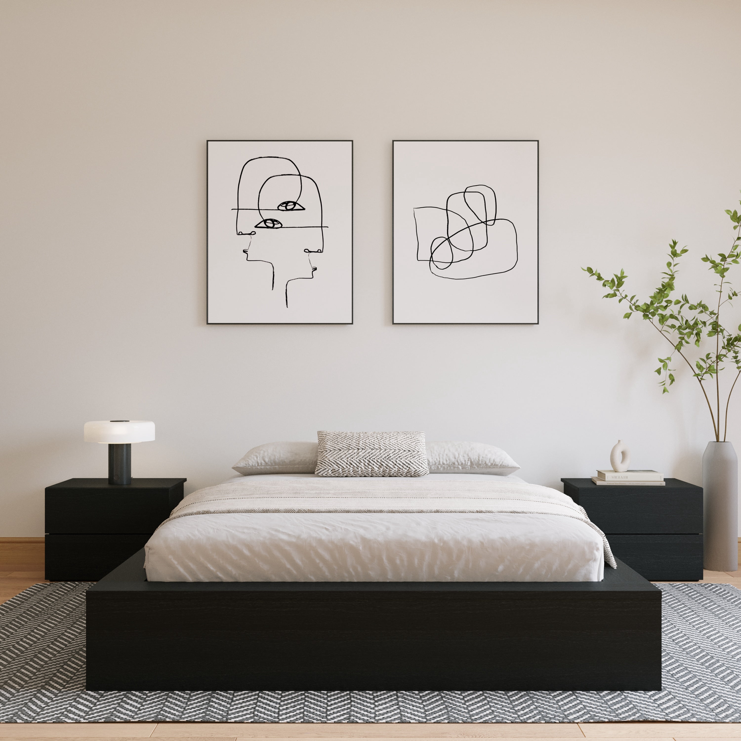 Nexera James Queen Size Platform Wood Bed Frame, Black Oak