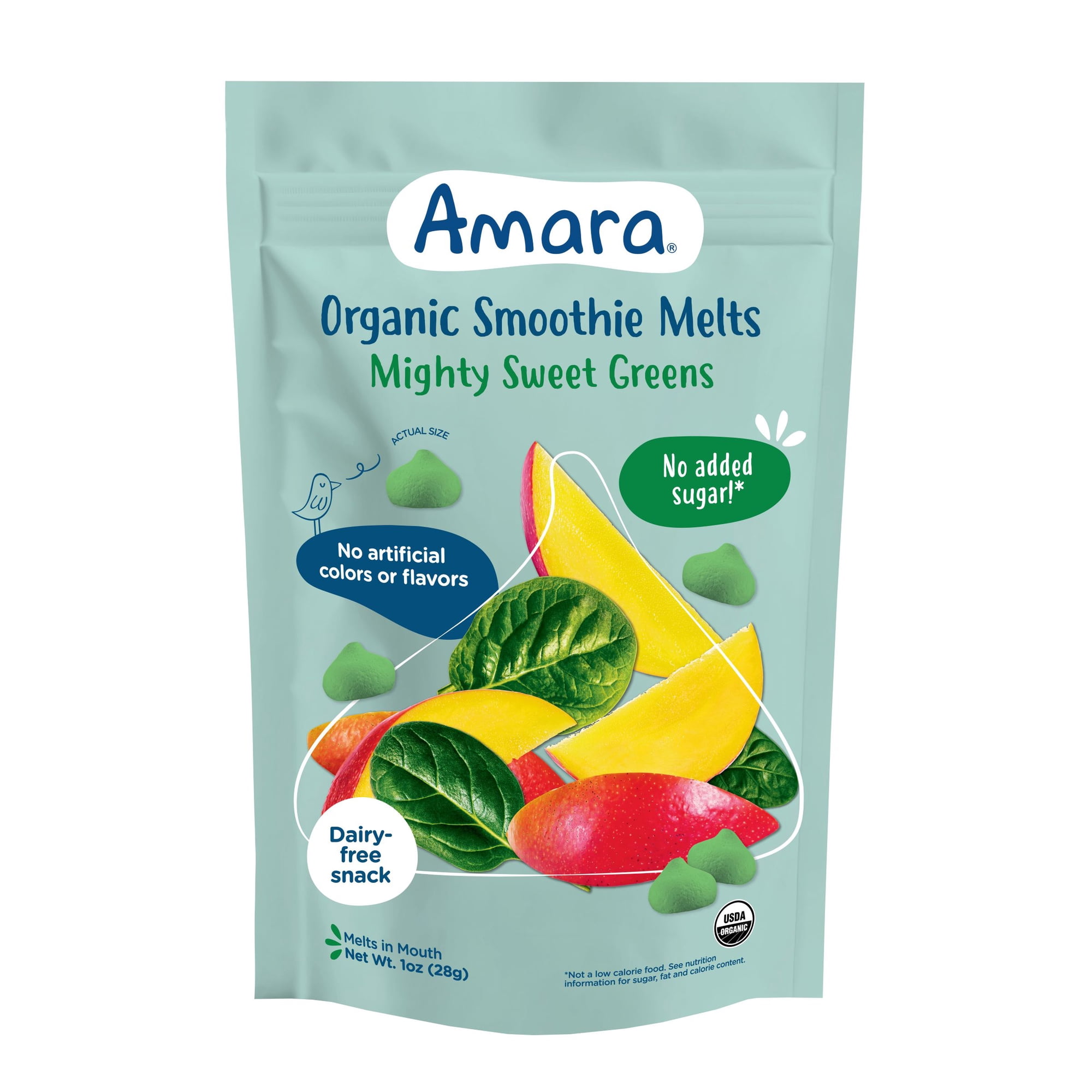 Amara Organic Smoothie Melts, Mighty Sweet Greens, Baby & Toddler Snacks, No Added Sugar, Stage 2, 1 oz Bag