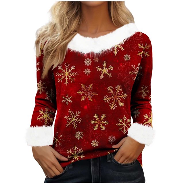 Lovzfmll Haut à Col Rond Fuzzy à Imprimé de Noël Douillet pour Femmes, Automne/hiver à Manches Longues Rouge, G