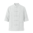 thumbnail image 6 of Men Mandarin Collar Frog Button Linen Button Up Shirt, 3/4 Sleeve Loose Casual Top with Pockets for Summer Vacation Daily Wear White 3XL, 6 of 9