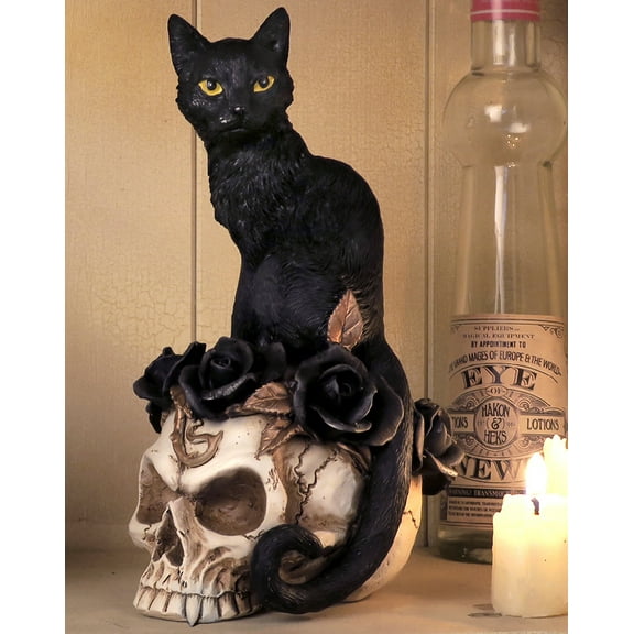 Gothic Black Feline Cat Sitting On Rose Vampire Skull Grimalkin's Ghost Figurine