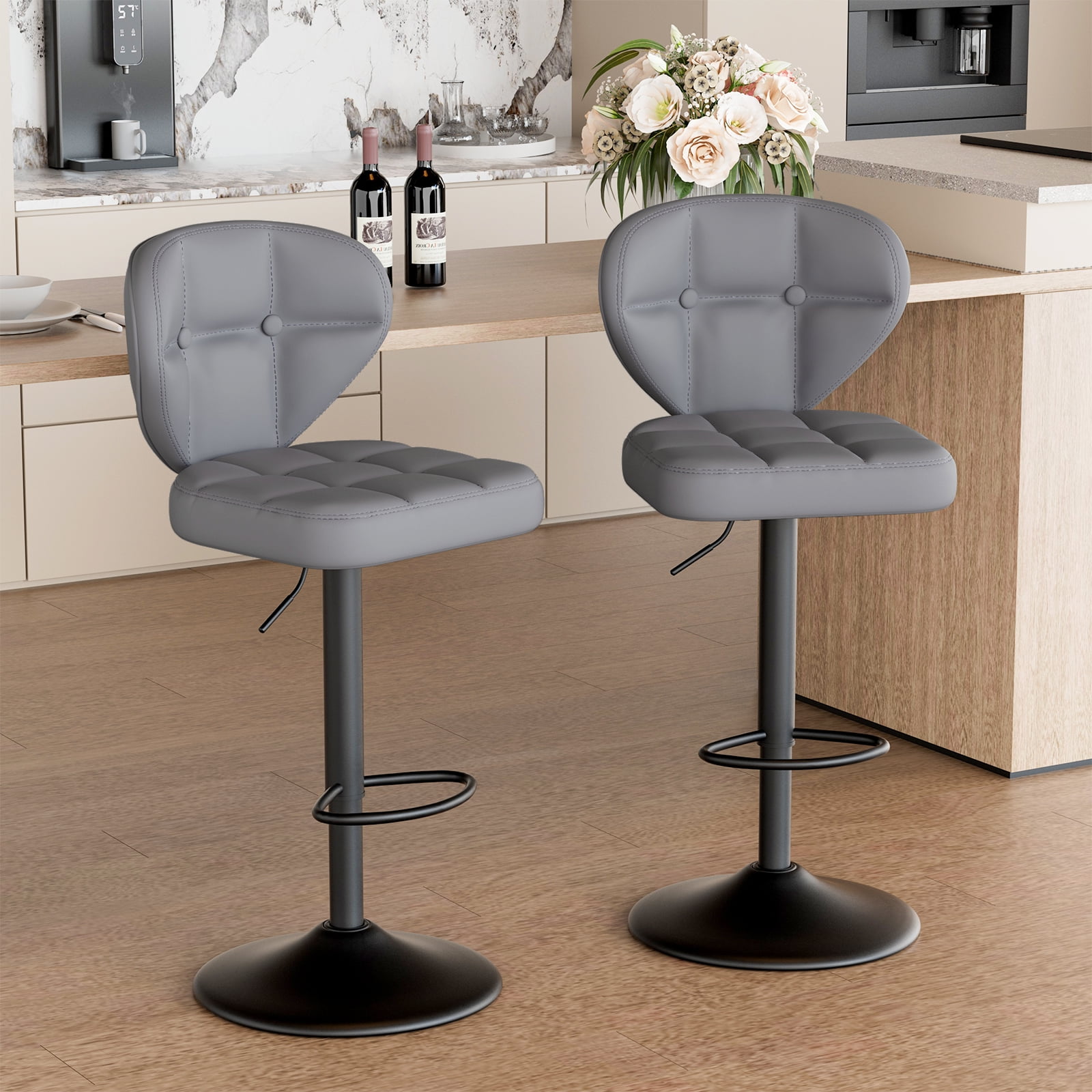 Hawsaiy Vintage Style Leather Bar Stool Set of 4 with Button-Tufted Design,Dark Gray