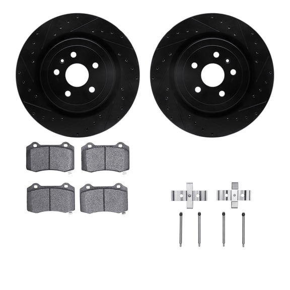 Dynamic Friction Company Rear Brake Rotors-Drilled and Slotted-Black with Ultimate Duty Performance Brake Pads includes Hardware 8412-47008