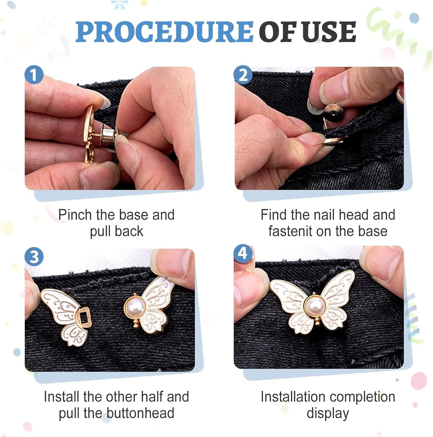 Detachable Butterfly Clips, 2-Pack Detachable ButterflyClips, Butterfly Buckle Clasp, ButterflyWaist Cinching Button, Reusable PantWaist Tightener, Buttons Pins for Loose Jeans