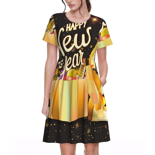 Fotbe Happy New Year 2025 Vestido Largo de Moda para Mujer, Vestido Tipo Camiseta con Manga Corta y Estilo Casual a Rayas y Bloques de Color