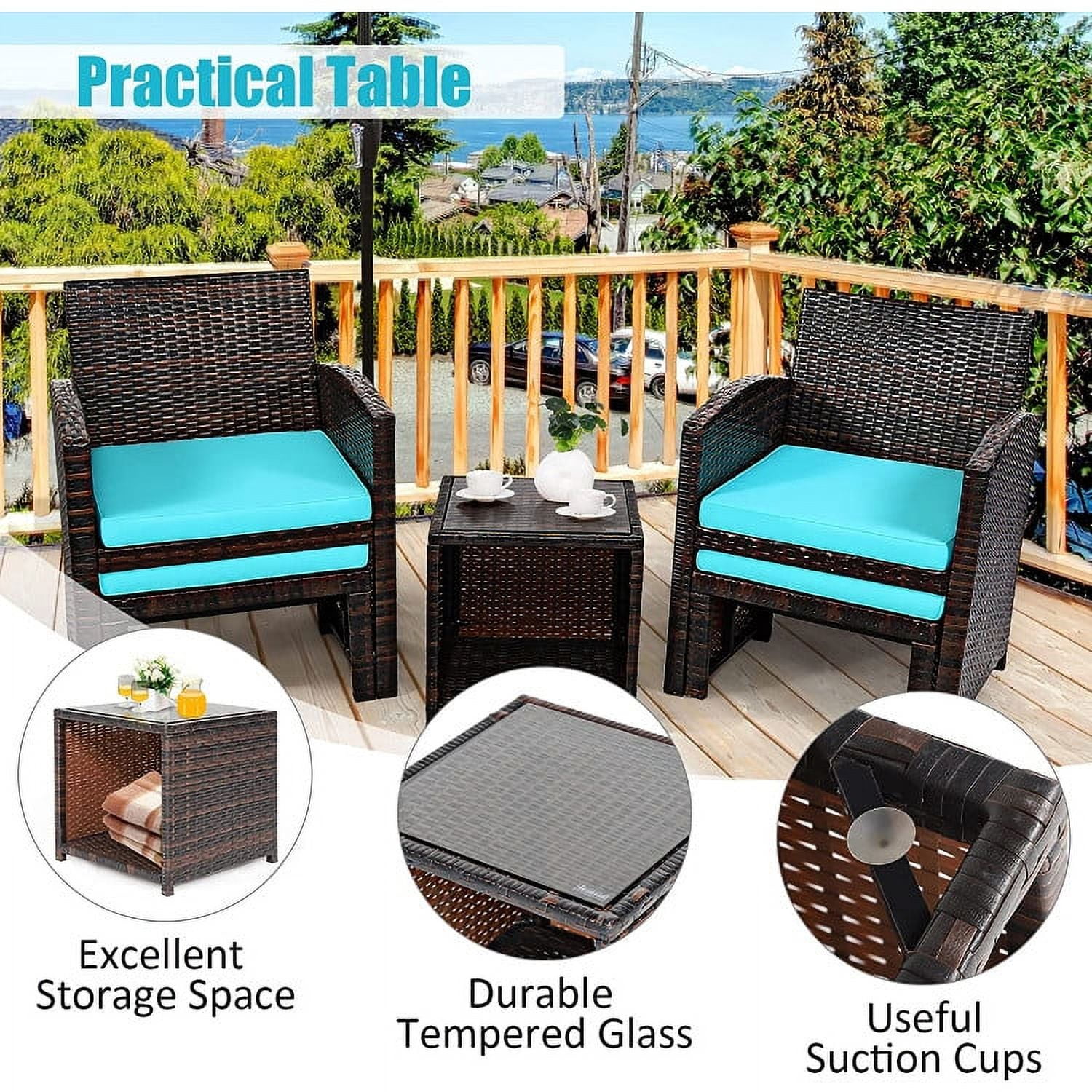 Aimee Lii 3 Pieces Patio Cushioned Wicker Conversation Set, Outdoor Sectional Set with with Glass Coffee Table, Turquoise Aimee Lii 3 Pieces Patio Cushioned Wicker Conversation Set, Outdoor Sectional Set with with Glass Coffee Table, Turquoise