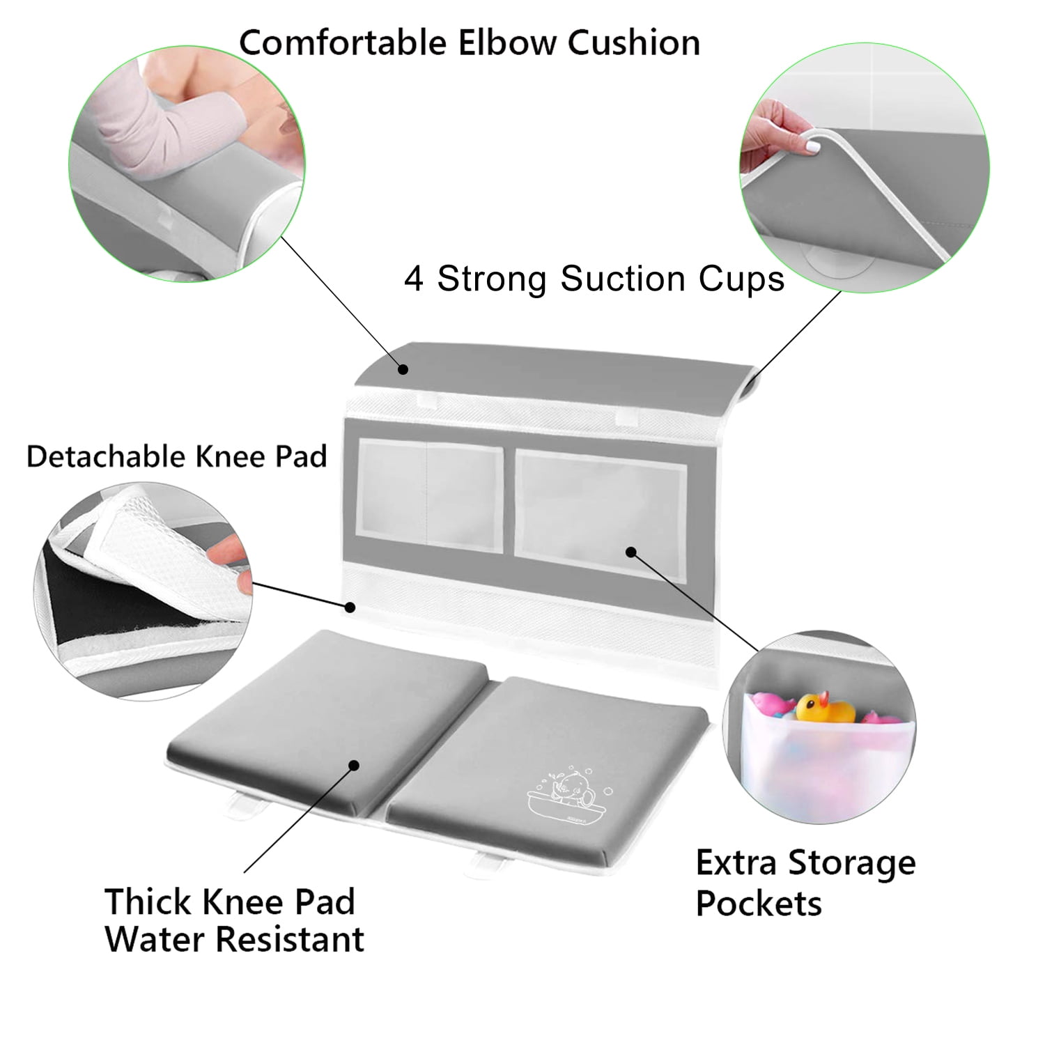 Bath Kneeler and Elbow Rest Pad Set with Toy Organizer - Bath Spout Cover Gray Sea Lions