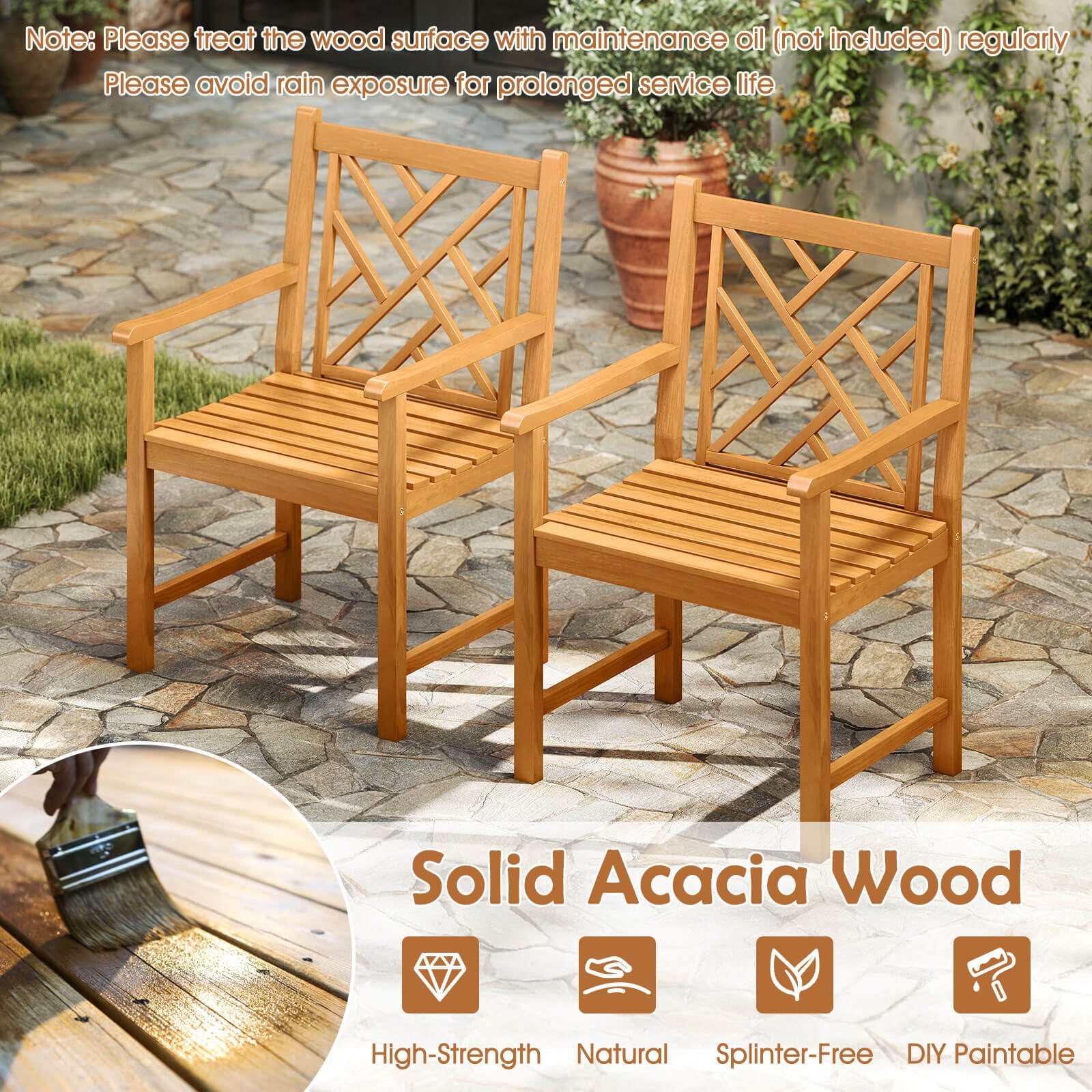 Costway Outdoor Dining Chairs Set of 2 Acacia Wood Slatted Patio Chairs with Armrests