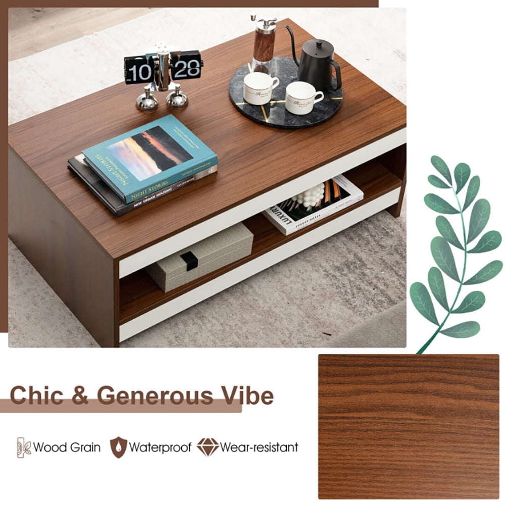 Finihen Coffee Table, Wooden Coffee Table, 37 Inch 2-Tier Rectangle Wooden Coffee Table with Storage Shelf, for Living Room, Reception Room, Office, Wulnat Finihen Coffee Table, Wooden Coffee Table, 37 Inch 2-Tier Rectangle Wooden Coffee Table with Storage Shelf, for Living Room, Reception Room, Office, Wulnat