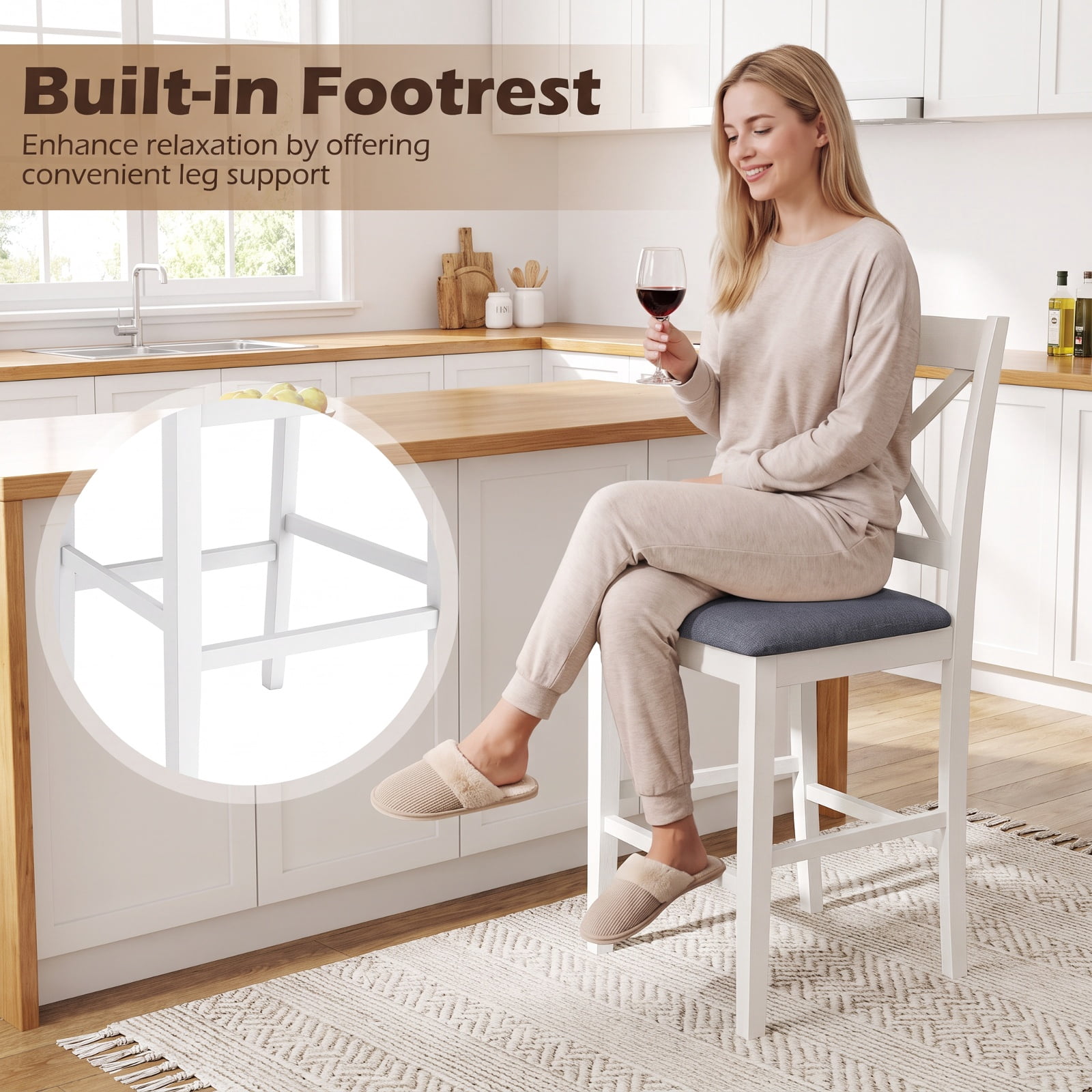 Furnibear Set of 2 X-Back Bar Stools with Upholstered Cushioned Seats for Kitchen Island Counter Bar Pub Dining Home, White