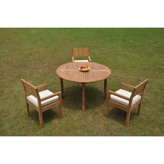 Grade-A Teak Dining Set: 3 Seater 4 Pc: 52" Round Table And 3 Veranda Arm Chairs Outdoor Patio WholesaleTeak #WMVRc