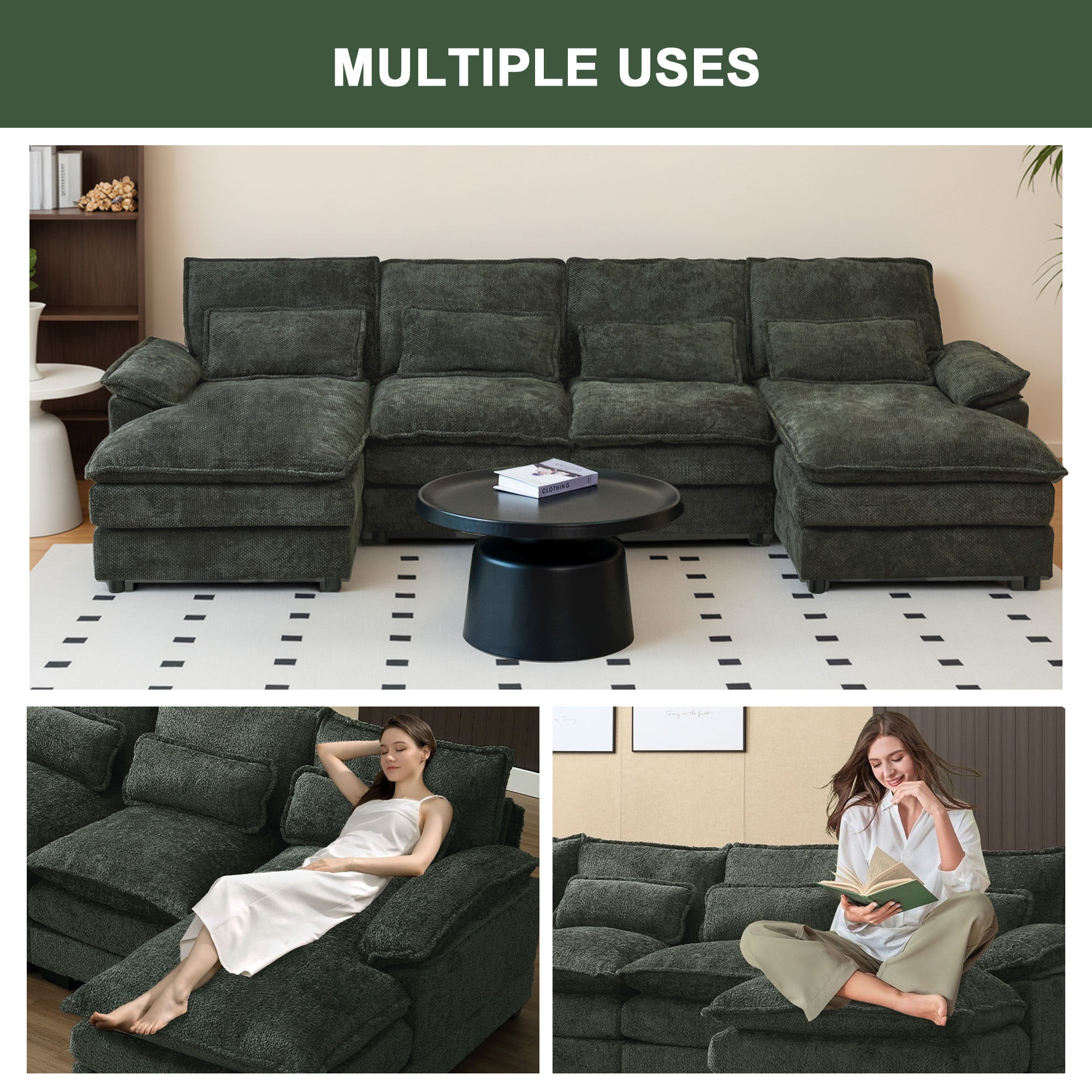 SOULART 110" Cloud Sofa, Black-Gray U Shaped Sectional Couches For Living Room, Modular Couch With Chaise