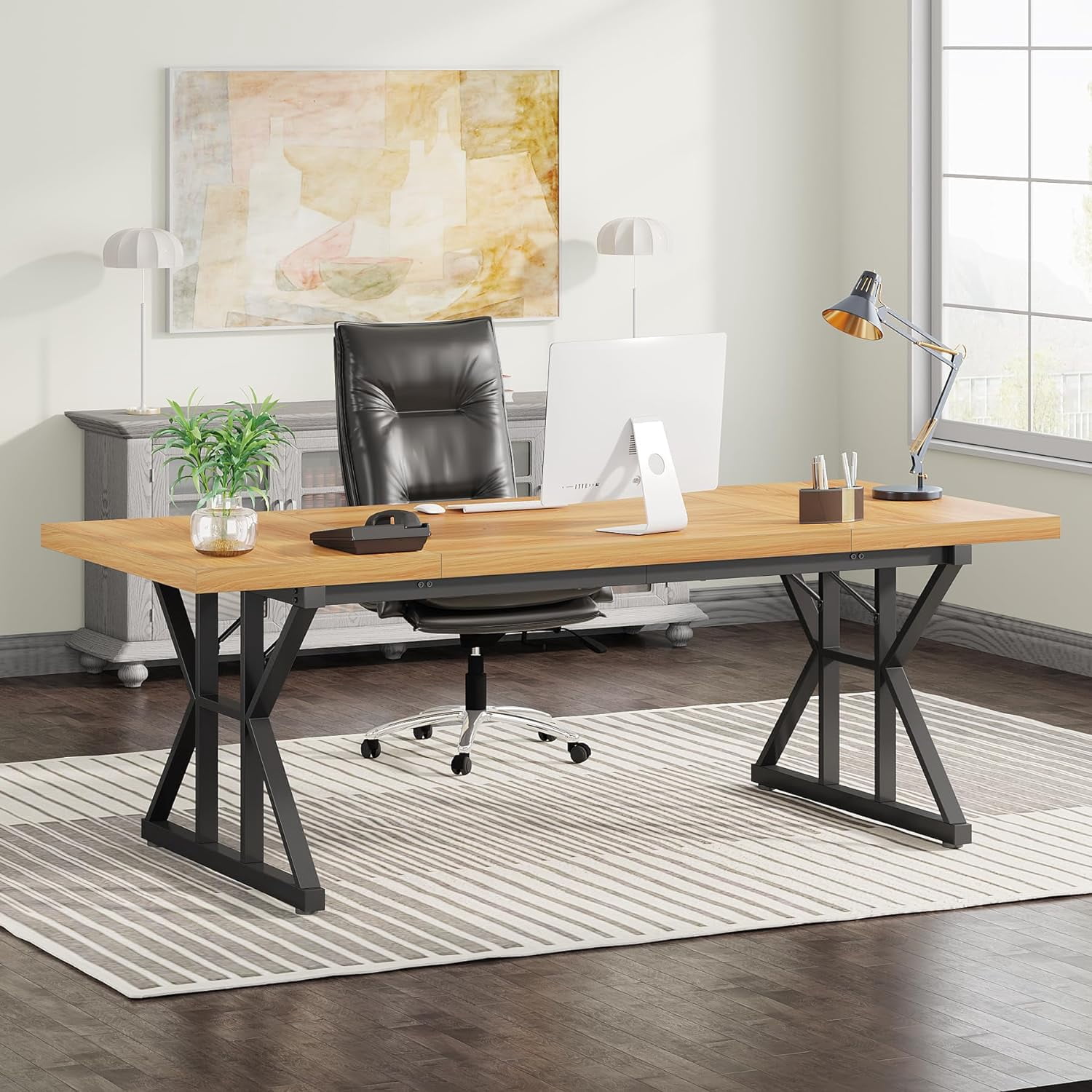 Tribesigns 71" Executive Desk, Large Computer Desk Study Writing Table for Home Office (Light Walnut/Black)