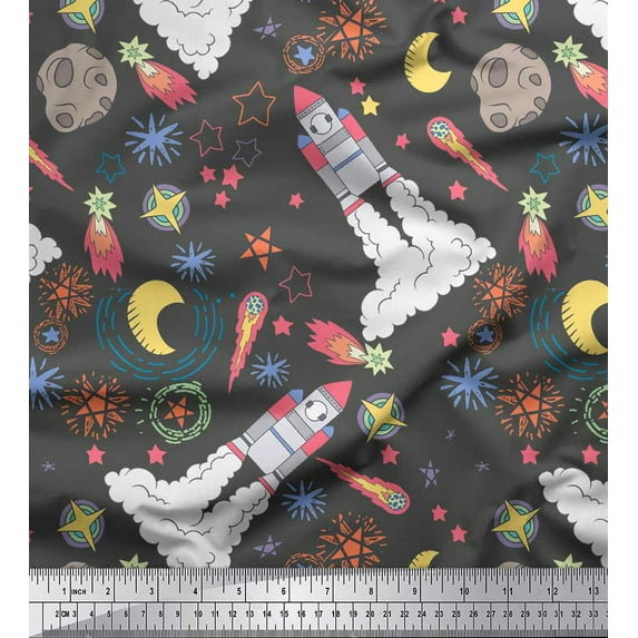Soimoi Gray Poly Georgette Fabric Stars & Rocket Galaxy Decor Fabric Printed Yard 42 Inch Wide