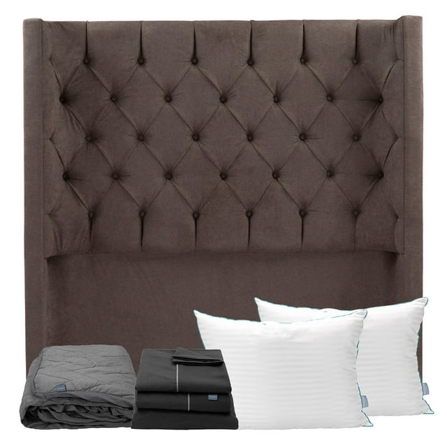Cabecera Queen Size Tartuk Chocolate+Almohada Royal Twin+Protector Lux+Sabanas Royal