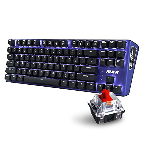 Rantopad MXX Clavier de Jeu Mécanique - 87 Touches, Rétroéclairé Blanc, Interrupteurs Rouges, Couvercle en Aluminium Bleu, Retournement à N Touches