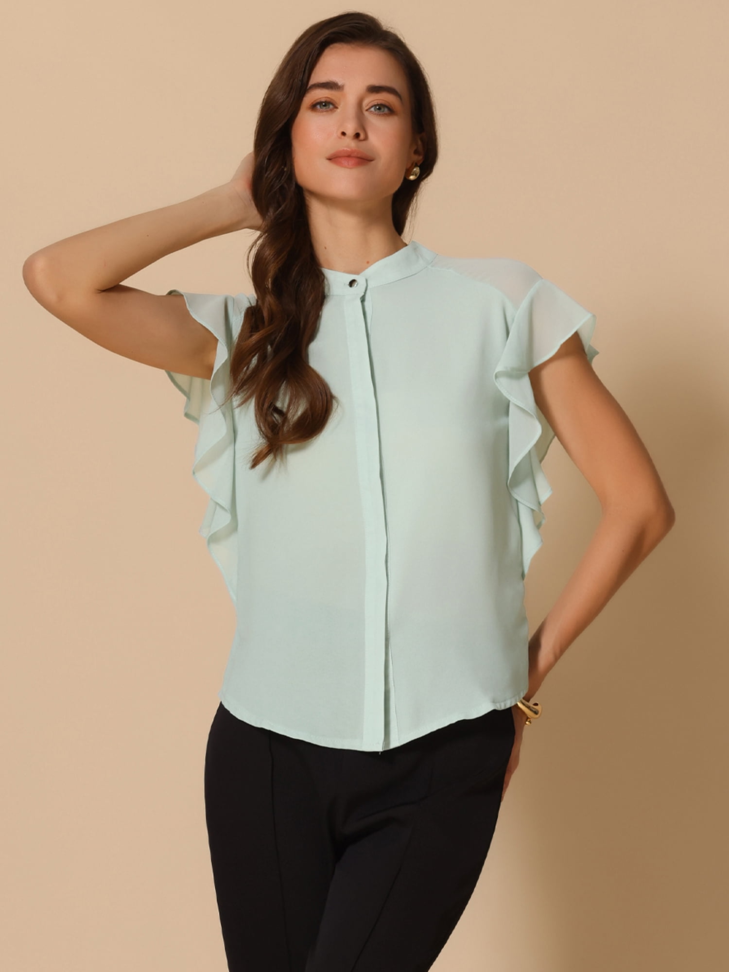DARING DIVA Women's Stand Collar Ruffle Sleeve Blouse XL Green