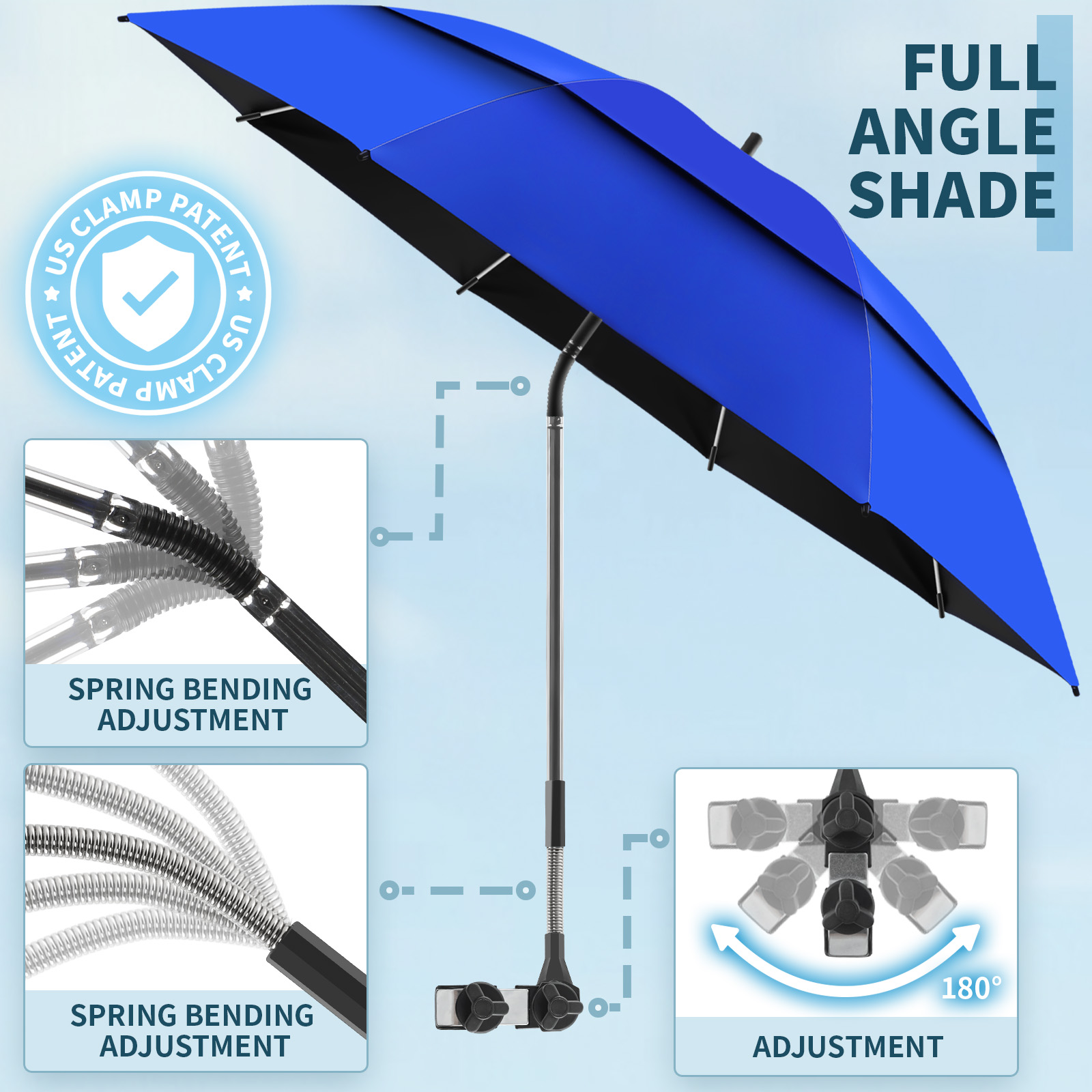 2 Pack 48.6" Double Canopy Umbrella with Clamp, UPF50+ Beach Chair Umbrella with clip, 360°Adjustable Portable Outdoor Wheelchair, Patio, Golf Carts,Camping(Blue, Not Include Chair)