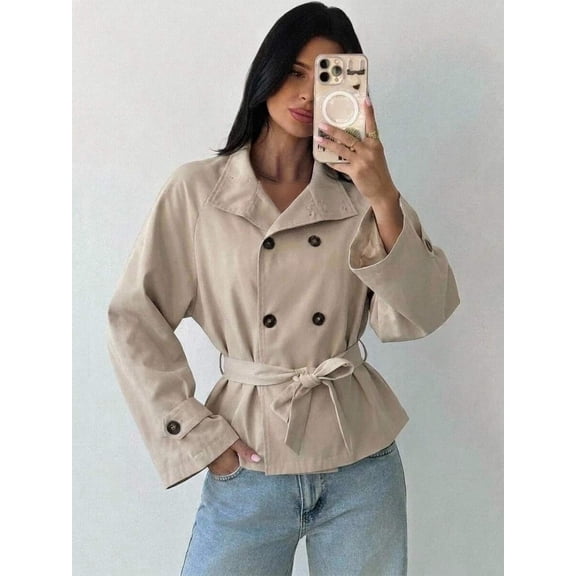 Women's Long Sleeve Double Breasted Trench Coat Collared Belted Outerwear for Work and Daily Wear