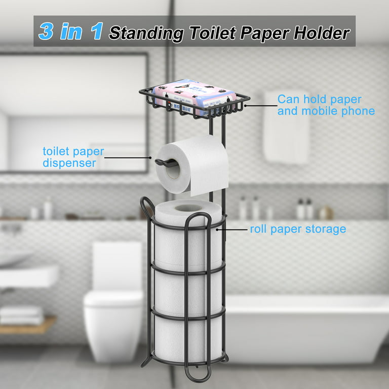 Toilet Paper Holder Stand, Black Toilet Paper Stand with Storage, Stainless  Steel Free Standing Toilet Paper Roll Holder for Bathroom