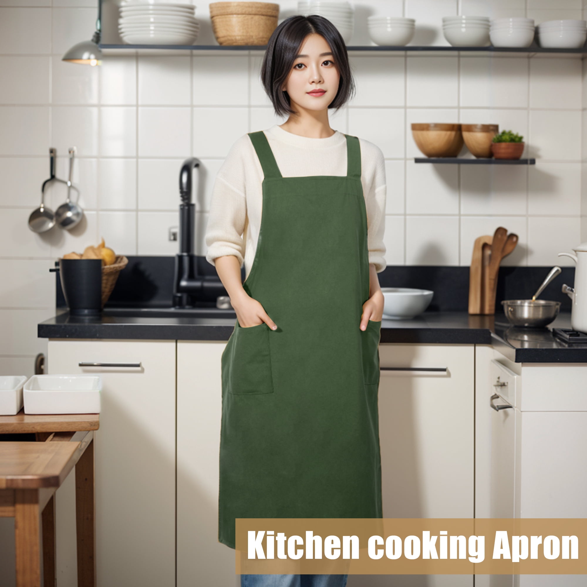 Unique Bargains Cotton Linen Apron Cross Back Apron with Pockets Dark Green