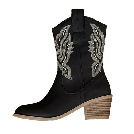 DVKOVI Womens Shoes Dressy Cowgirl Boots Mid Calf Women s V Cut Western Boots Retro Slip On Heeled Cowboy Boots Casual Mid Calf Boots Booties for Women Low Heel Black 40