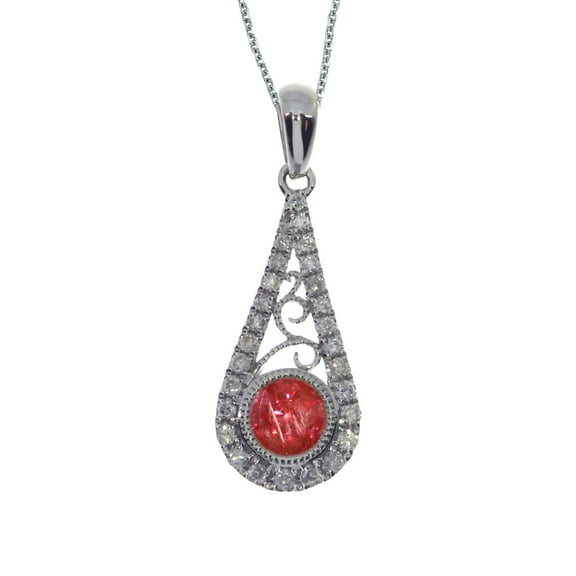 14k White Gold Ruby and Diamond Drop Pendant with 18" Chain