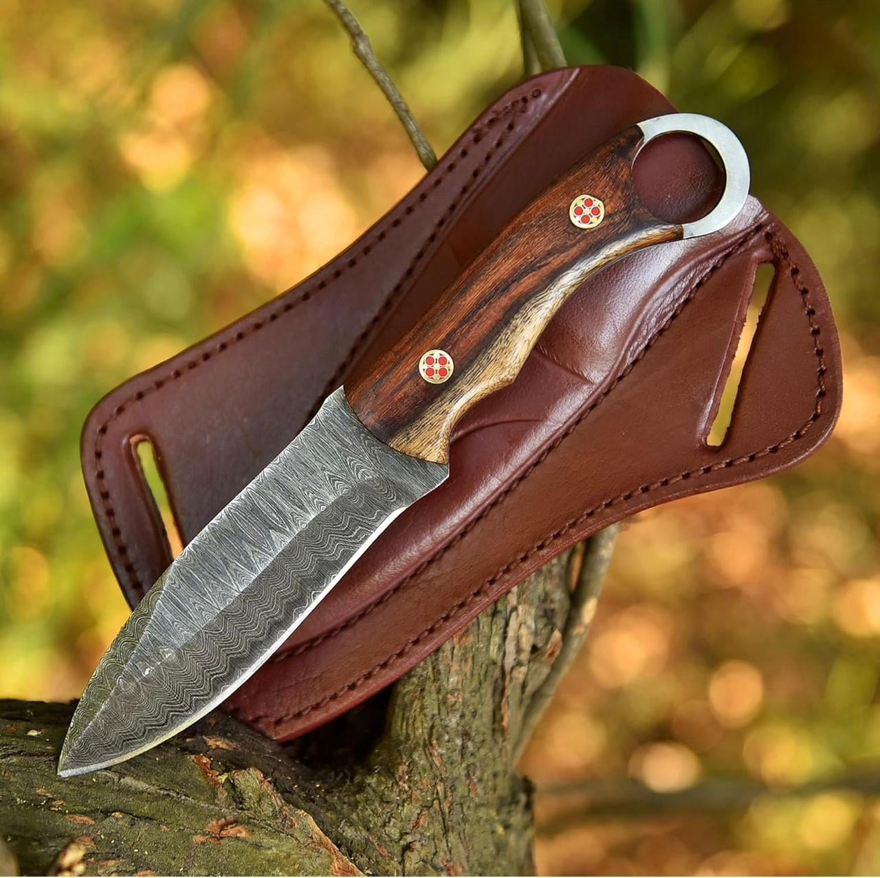 Damascus Steel Hunting Knife with Wooden handle, Fixed Blade Knife with Leather Sheath, Outdoor Camping Survival Knife