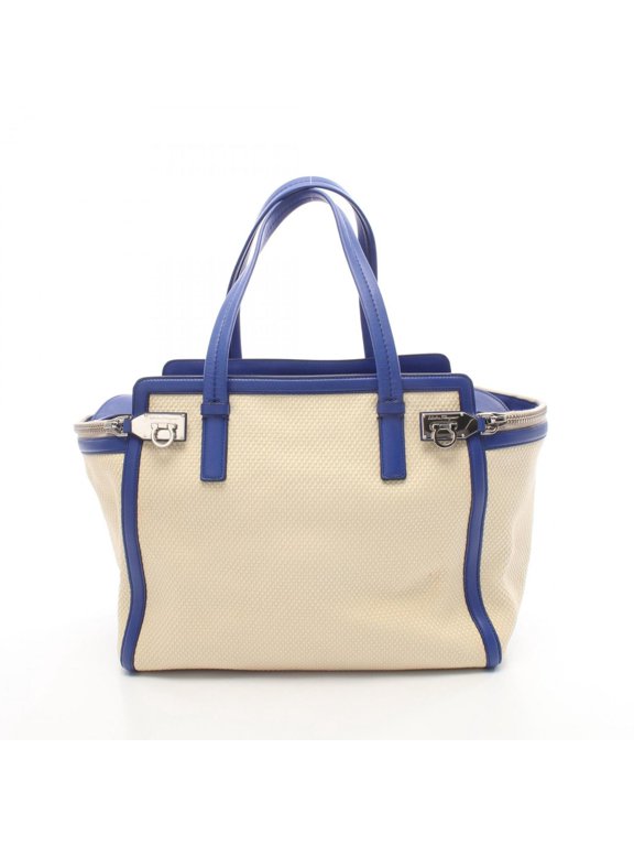 Pre-Owned Salvatore Ferragamo Ariana Gancini Handbag, Canvas and Leather, Women's, Ivory Blue,...