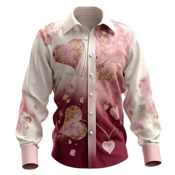 Valentine's Day Men Fashion Shirt Casual Long Sleeve Digital Print Button Down Loose Fit Top Multicolour L