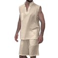 thumbnail image 2 of jsaierl Men's Linen Solid Shorts Sets Summer Sleeveless Tracksuit V-Neck Workout Vest Top Casual Yoga Beach Outfits, 2 of 4